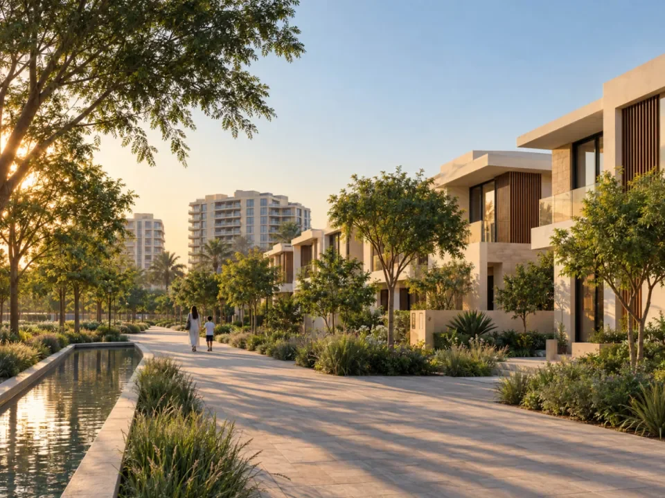Landscaped parks and green open spaces at Greenwoods by Aldar