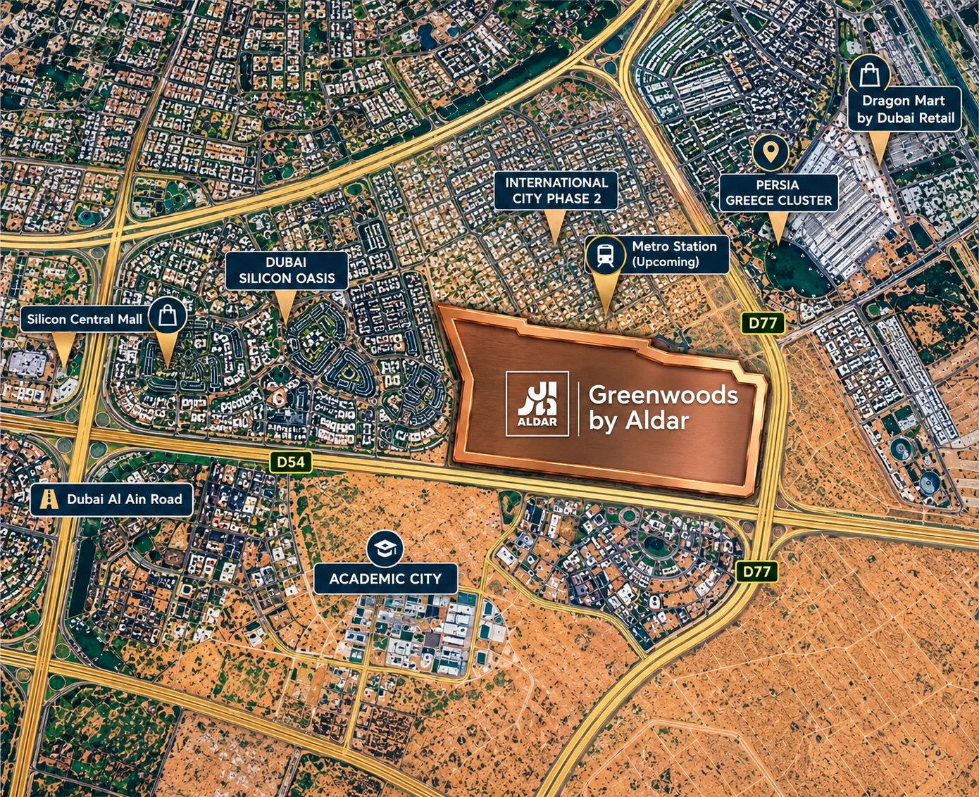 Greenwoods by Aldar location map showing the plot beside Dubai Silicon Oasis, International City Phase 2, Academic City and Dragon Mart